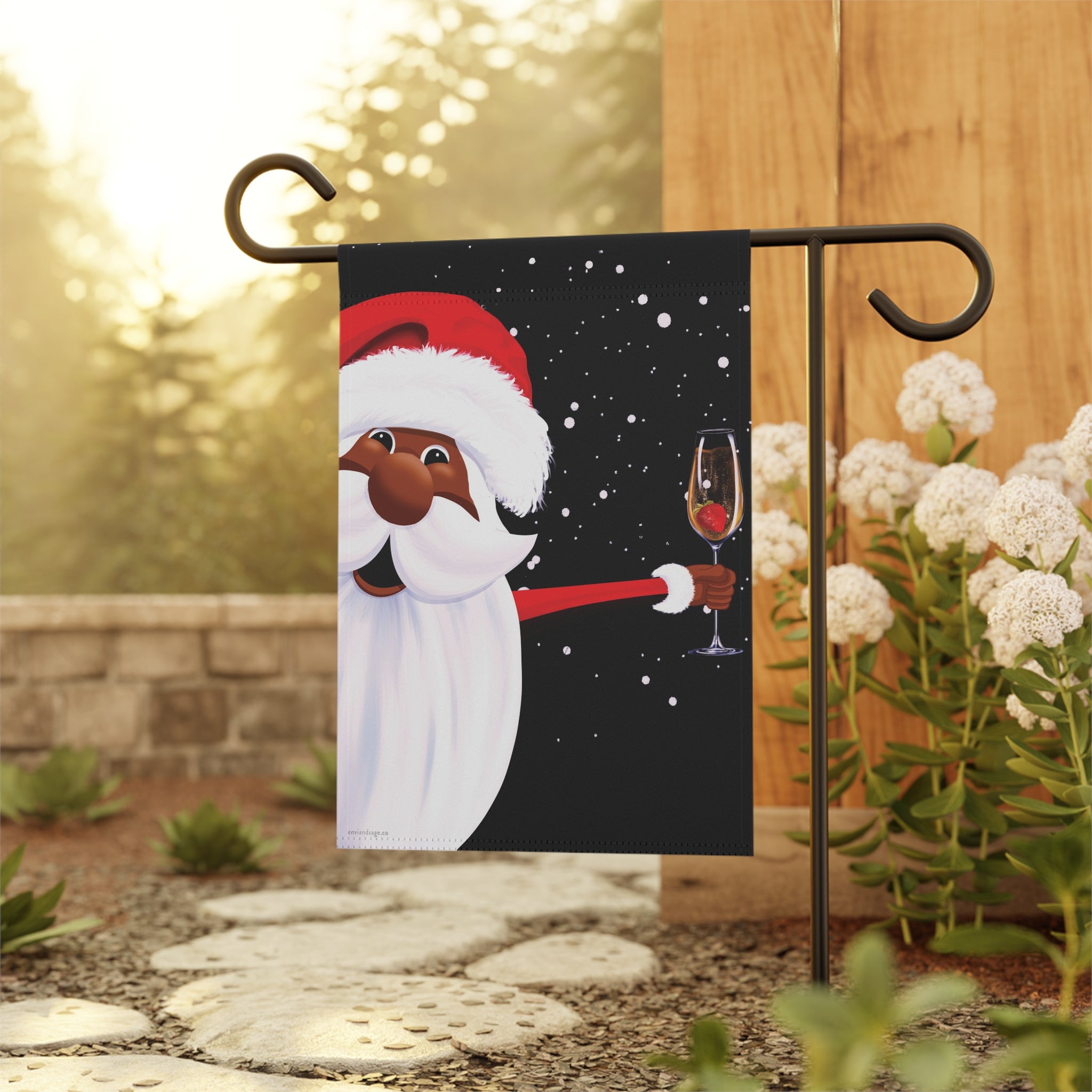 African American Champagne Party Santa Christmas Flag