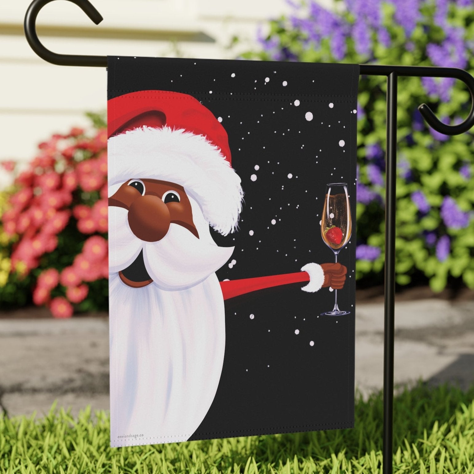 African American Champagne Party Santa Christmas Flag